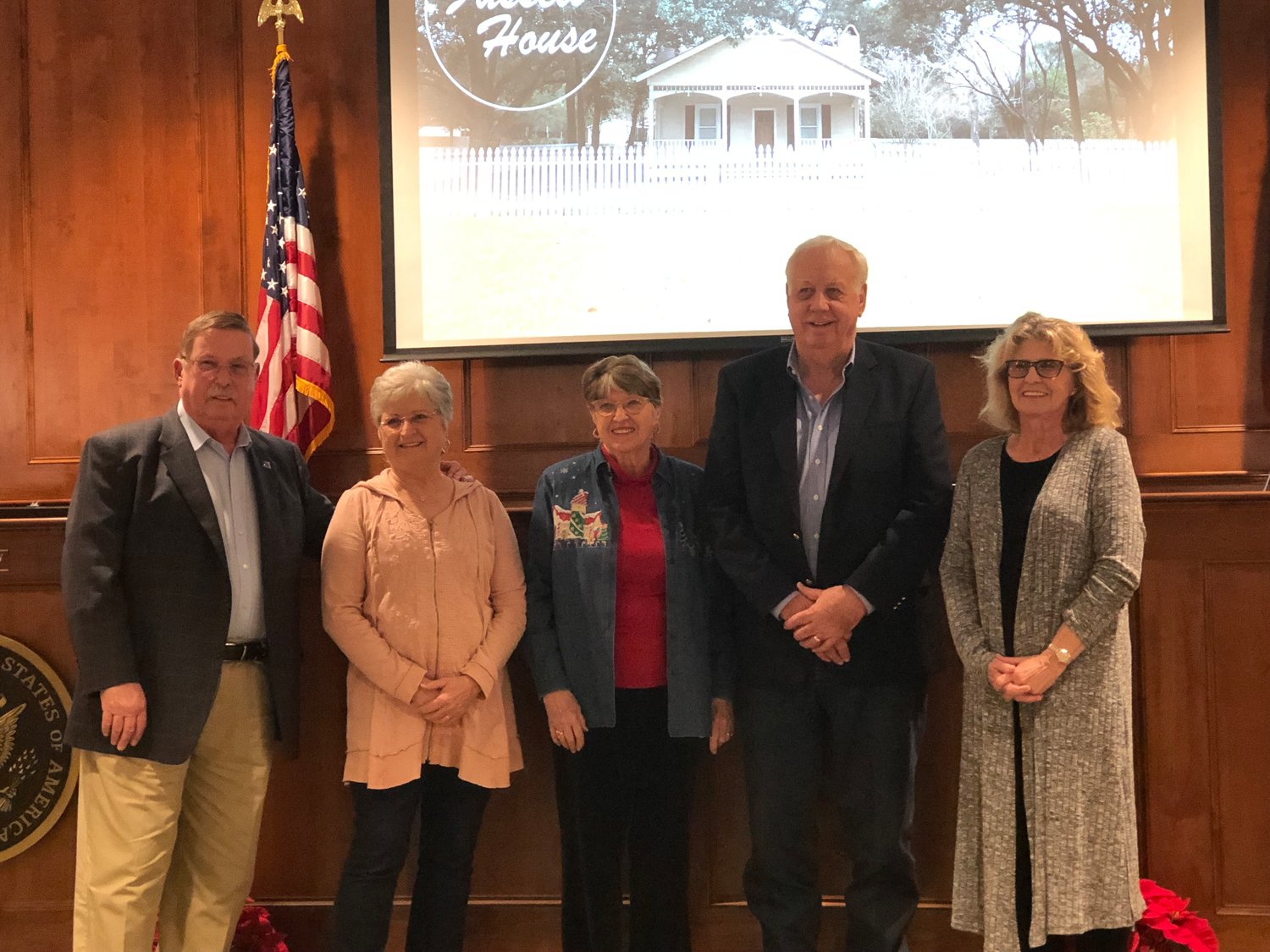 Members of the Fussell family were on hand Monday at City Hall to hear the city’s plans for the historic Fussell House going forward. Pictured are former Mayor Hank Schmidt, Sandy Fussell Schmidt, Marsha Fussell Wiesner, Roy Wiesner, and Belva Fussell.